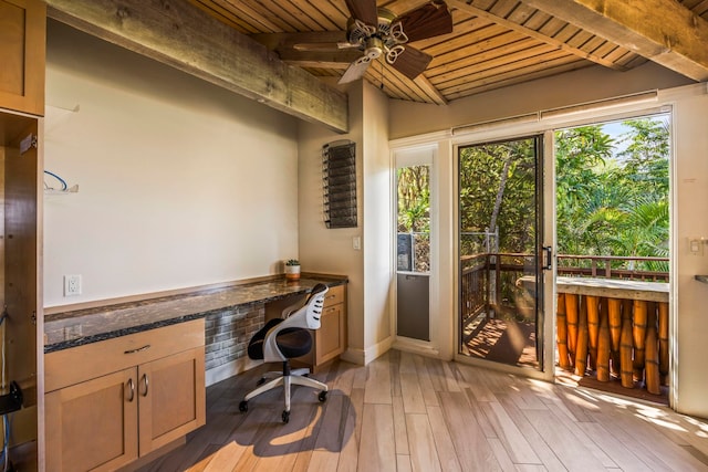 office area with beamed ceiling, ceiling fan, wood ceiling, and light hardwood / wood-style flooring