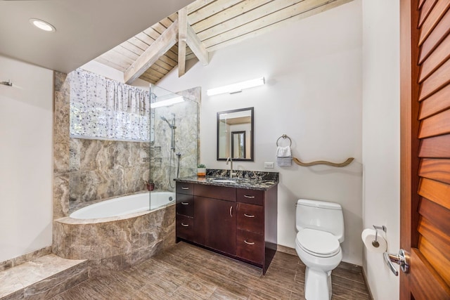 full bathroom with vanity, lofted ceiling with beams, independent shower and bath, hardwood / wood-style floors, and toilet