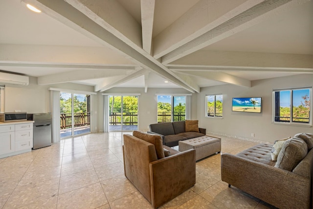 tiled living room with beamed ceiling, a healthy amount of sunlight, and a wall mounted AC