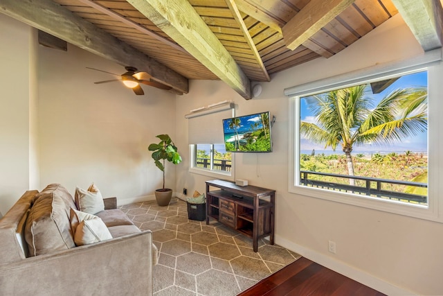 living room featuring lofted ceiling with beams, dark hardwood / wood-style flooring, ceiling fan, and wood ceiling