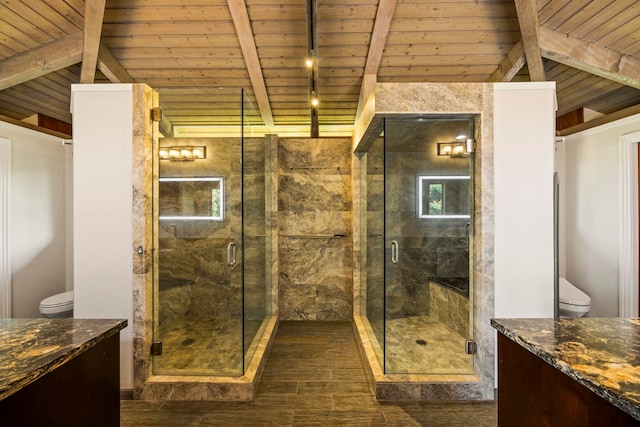 bathroom featuring vaulted ceiling with beams, a shower with door, wood-type flooring, and toilet