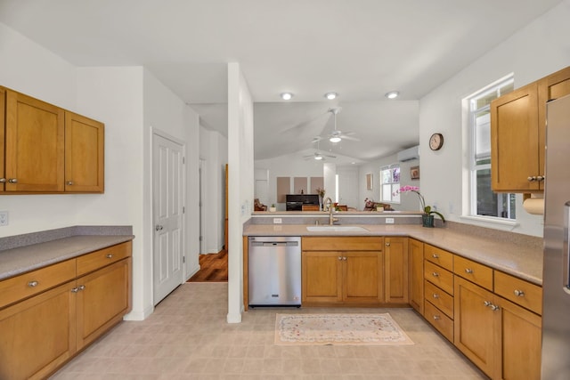 672 Komo Ohia St, Wailuku, HI 96793 - kitchen with stainless steel dishwasher, an AC wall unit, a ceiling fan, lofted ceiling, and light countertops