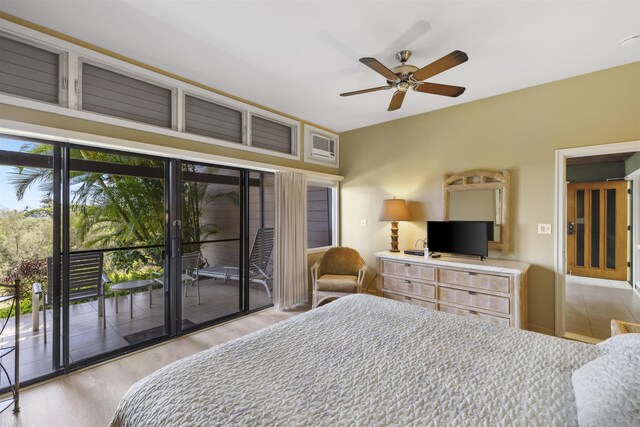 bedroom with access to exterior, ceiling fan, and light hardwood / wood-style floors