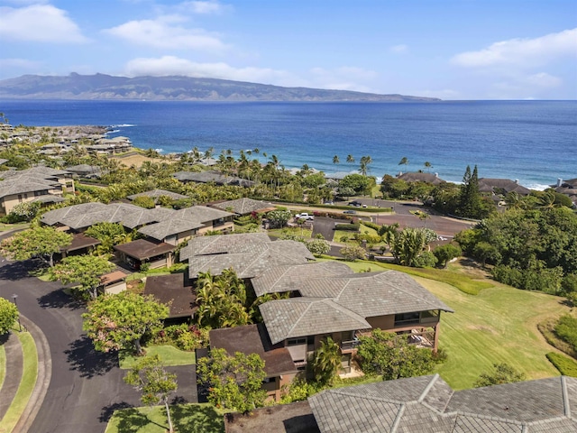 drone / aerial view featuring a water and mountain view