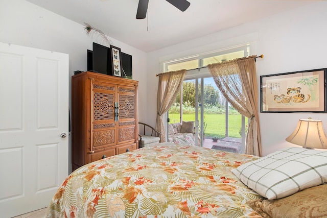 bedroom with ceiling fan and access to exterior