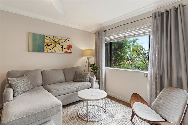 living room with ornamental molding