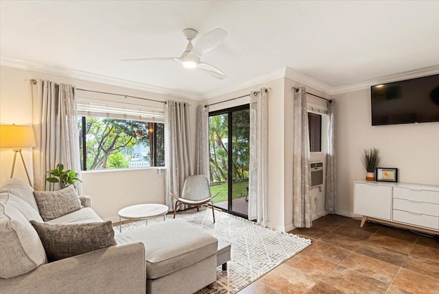 tiled living room with ornamental molding and ceiling fan