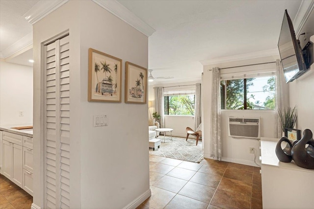 corridor featuring a wall mounted AC, ornamental molding, and tile flooring