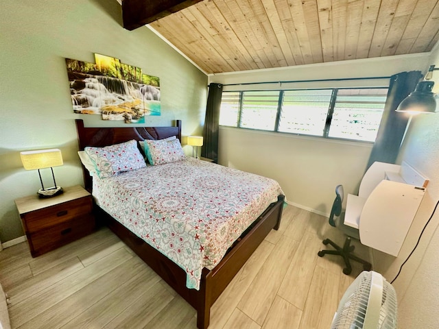 bedroom featuring light hardwood / wood-style floors, vaulted ceiling, multiple windows, and wooden ceiling