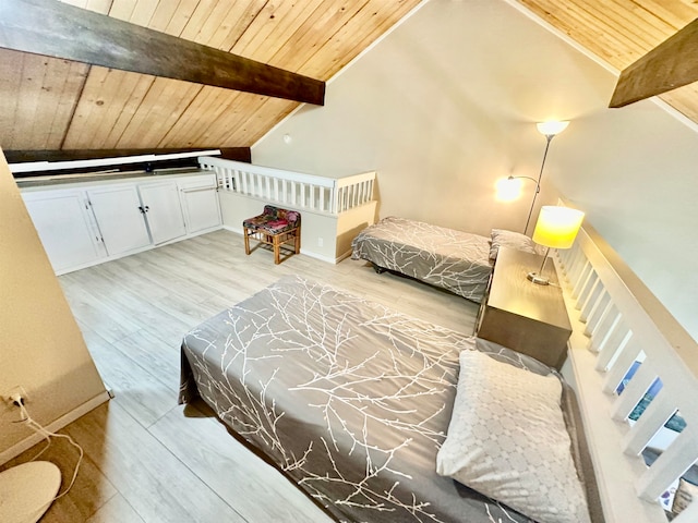 sitting room featuring lofted ceiling with beams, wood ceiling, and light hardwood / wood-style floors