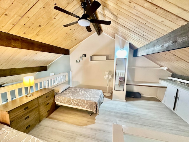 bedroom with lofted ceiling with beams, light wood-type flooring, and wooden ceiling