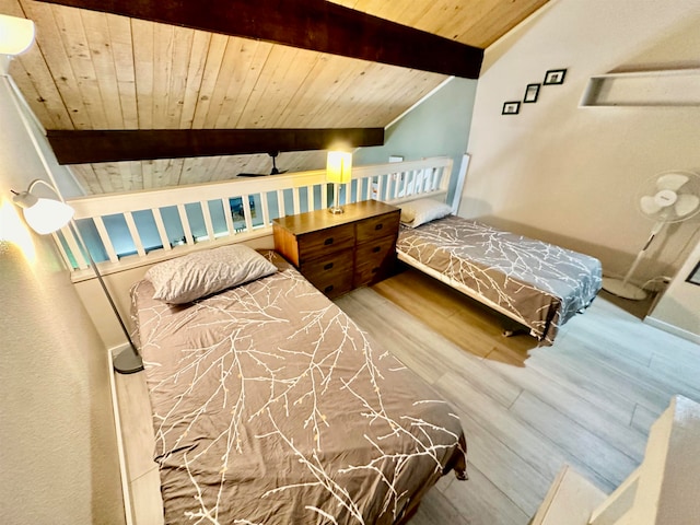 bedroom with hardwood / wood-style flooring, lofted ceiling with beams, and wooden ceiling