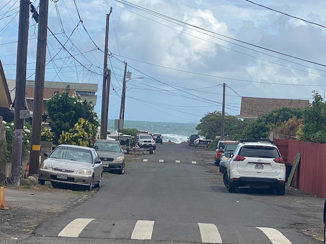 view of street with a water view