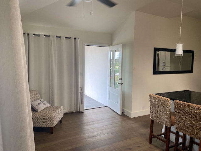 entryway featuring dark hardwood / wood-style flooring, lofted ceiling, and ceiling fan