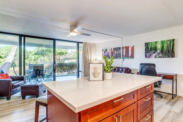 kitchen featuring expansive windows, a healthy amount of sunlight, light hardwood / wood-style floors, and a breakfast bar