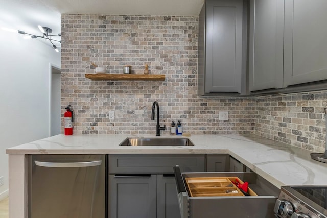 480 Kenolio Rd Unit 24-202, Kihei, HI 96753 - kitchen with gray cabinetry, a sink, dishwasher, decorative backsplash, and light stone countertops