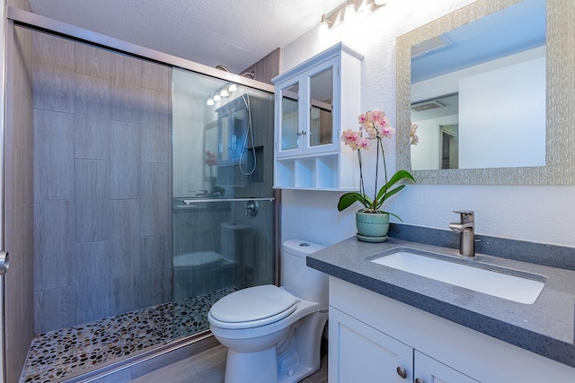 bathroom with vanity, a shower with shower door, a textured ceiling, and toilet