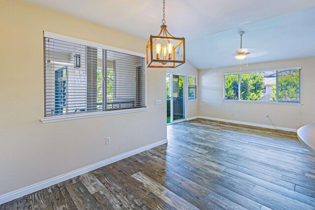 10 Polohina Ln Unit 2-3, Lahaina, HI 96761 - spare room featuring baseboards, wood finished floors, a chandelier, and a ceiling fan