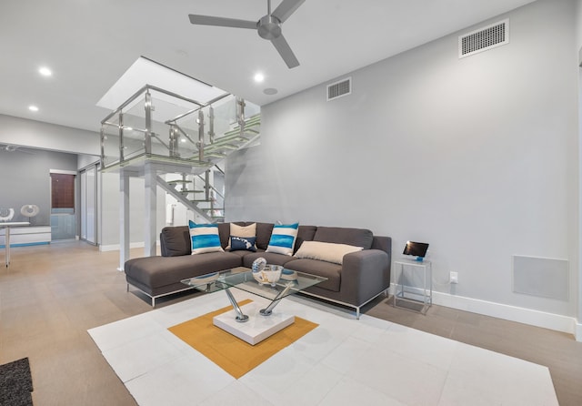 92 Kahana Ridge Dr, Lahaina, HI 96761 - living room featuring ceiling fan, stairway, recessed lighting, baseboards, and baseboard heating