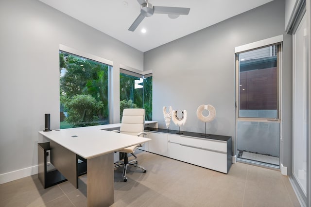 92 Kahana Ridge Dr, Lahaina, HI 96761 - home office with ceiling fan, light tile patterned flooring, recessed lighting, and baseboards