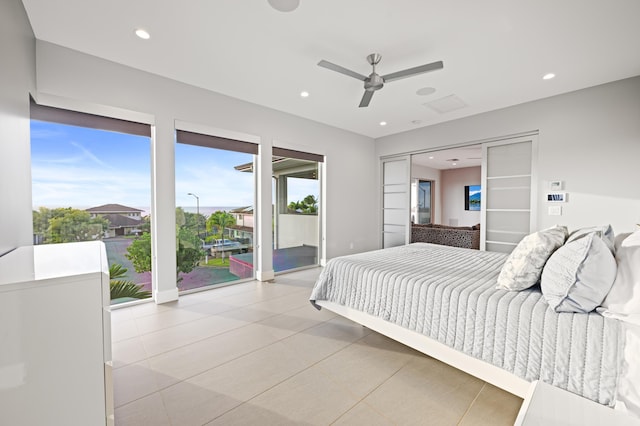 92 Kahana Ridge Dr, Lahaina, HI 96761 - bedroom featuring access to outside, recessed lighting, light tile patterned floors, and ceiling fan