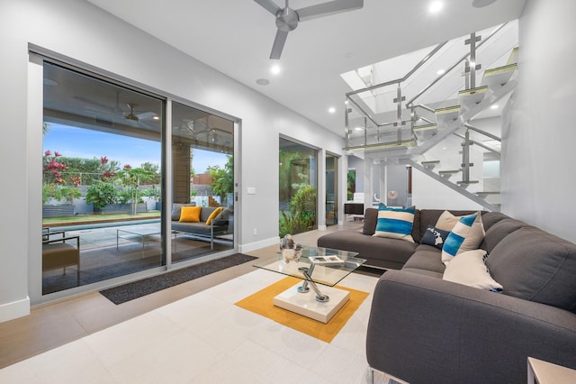92 Kahana Ridge Dr, Lahaina, HI 96761 - living room featuring a ceiling fan, baseboards, stairway, and recessed lighting