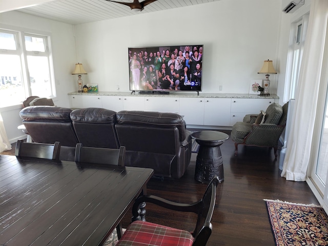 215 Aahi Pl, Kaunakakai, HI 96748 - living area featuring dark wood-style floors, wood ceiling, and a wall mounted AC
