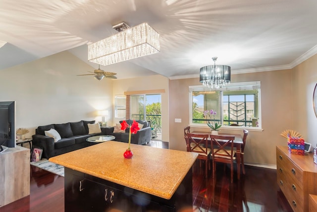 kitchen with crown molding, lofted ceiling, plenty of natural light, and dark hardwood / wood-style flooring