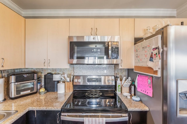 kitchen with stainless steel appliances, ornamental molding, light stone counters, and decorative backsplash