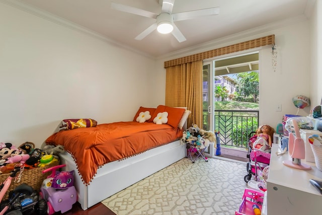 bedroom featuring ornamental molding, access to exterior, and ceiling fan