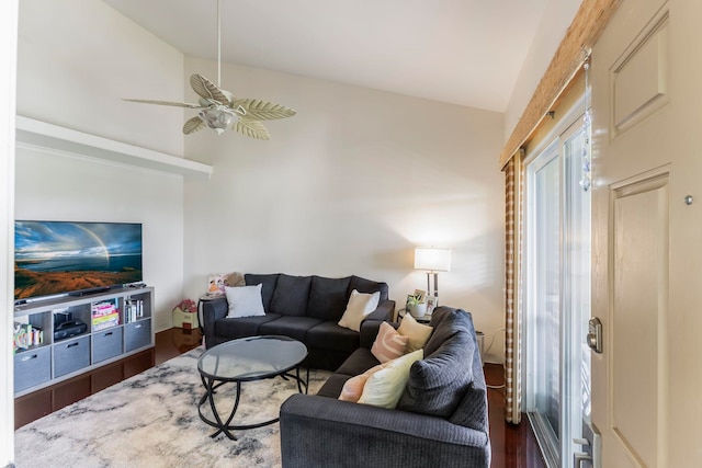 living room with dark hardwood / wood-style floors and ceiling fan