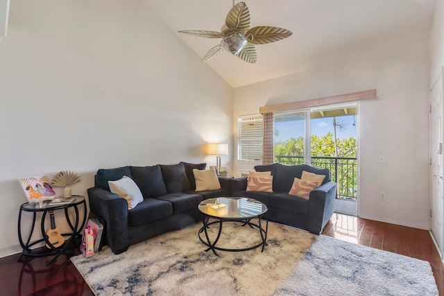 living room featuring high vaulted ceiling, dark hardwood / wood-style floors, and ceiling fan