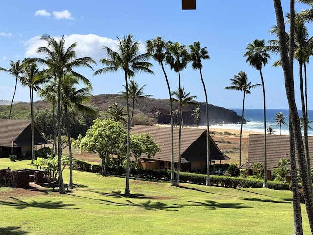 view of home's community with a water view and a yard