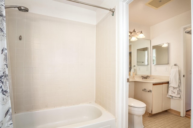 full bathroom featuring vanity, toilet, and shower / bathtub combination with curtain