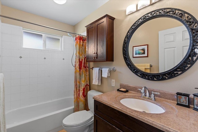 full bathroom with toilet, shower / tub combo, and vanity