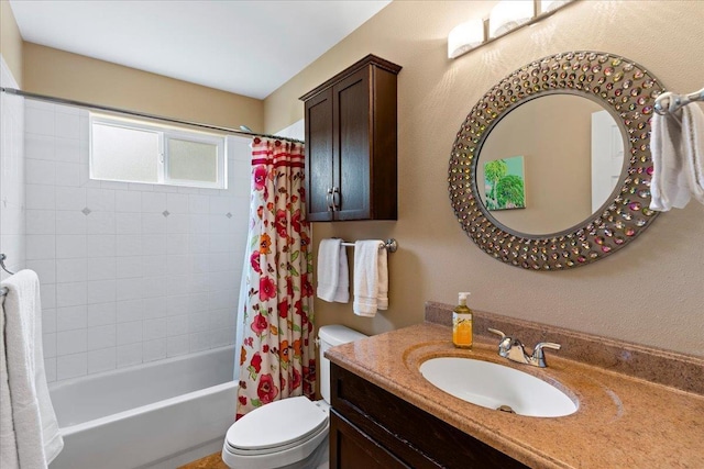 full bathroom with shower / bath combo with shower curtain, vanity, and toilet