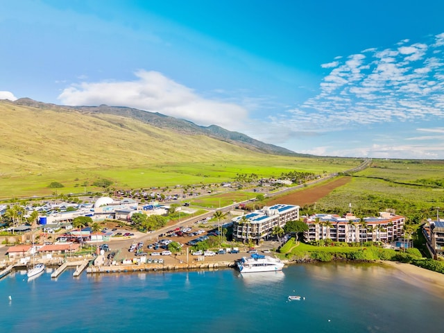 birds eye view of property with a water and mountain view