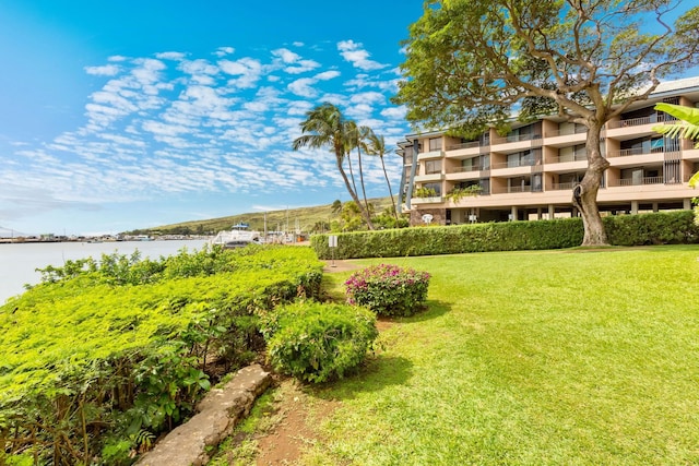 view of yard with a water view