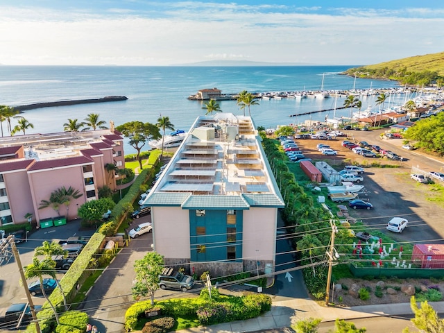 drone / aerial view with a water view