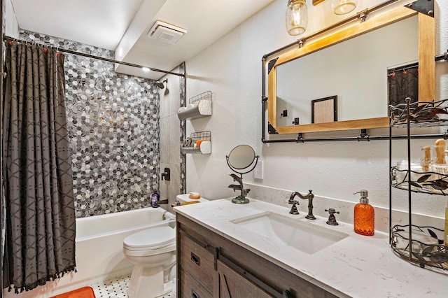 full bathroom featuring shower / bath combo, visible vents, vanity, and toilet