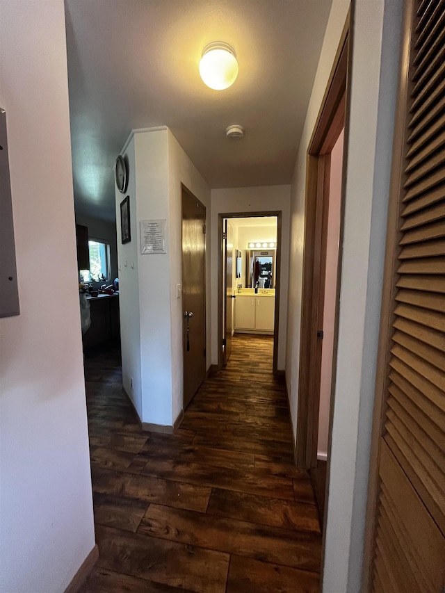 corridor featuring dark wood-type flooring