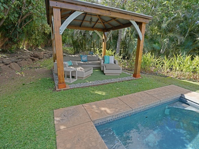 exterior space with an outdoor living space, a lawn, and a gazebo