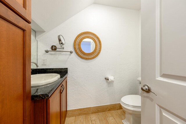 bathroom featuring vanity, vaulted ceiling, toilet, and wood-type flooring