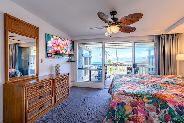 carpeted bedroom with ceiling fan, lofted ceiling, and access to outside