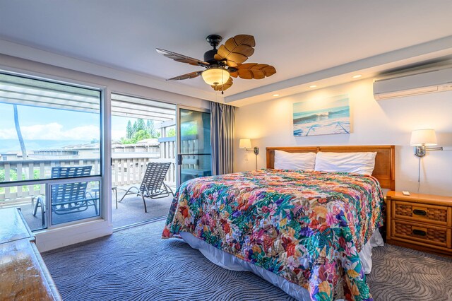 carpeted bedroom featuring ceiling fan, access to exterior, and a wall mounted air conditioner