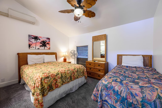 bedroom featuring dark carpet, a wall unit AC, vaulted ceiling, and ceiling fan