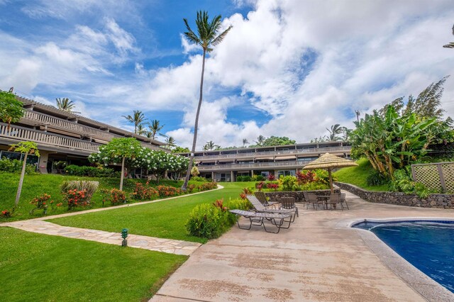 view of pool featuring a lawn and a patio