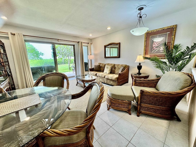living area with light tile patterned flooring and recessed lighting