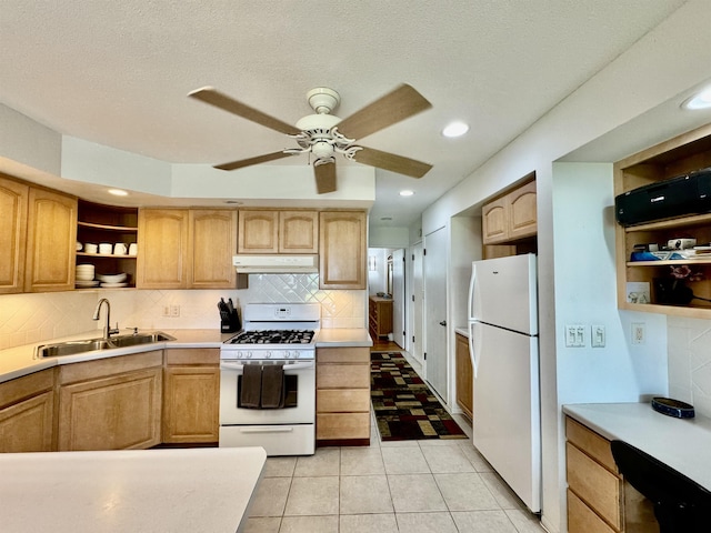 kitchen featuring white appliances, a sink, under cabinet range hood, open shelves, and backsplash