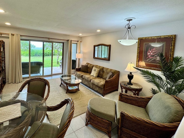 living room featuring light tile patterned floors and recessed lighting